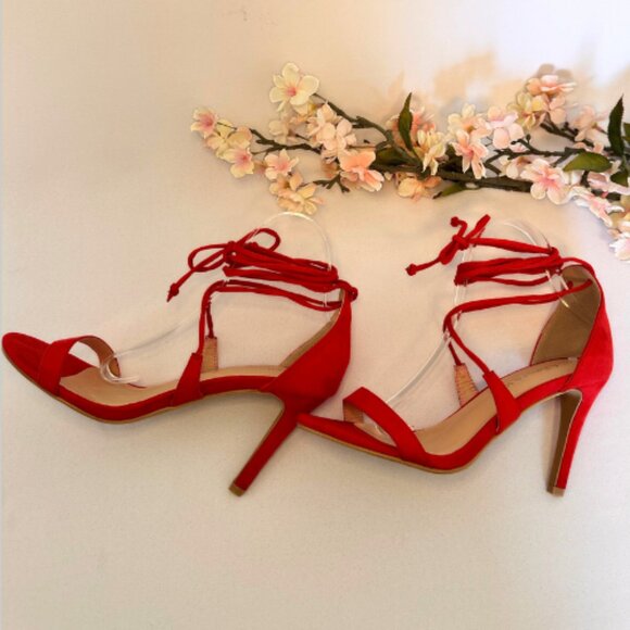 Red Lace-Up Strappy Sandals, Size 9 - Picture 7 of 10